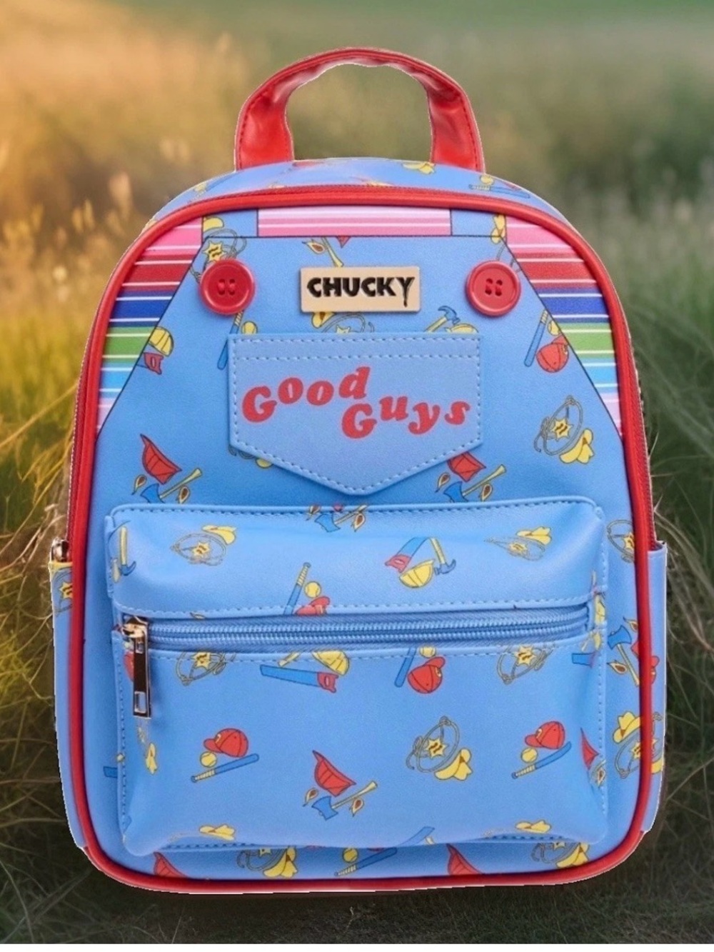 NEW w Tags Child’s Play Good Guys CHUCKY Horror Movie Denim Overalls Backpack
